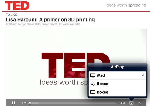 Selección de Boxee en AirPlay en la App de TED